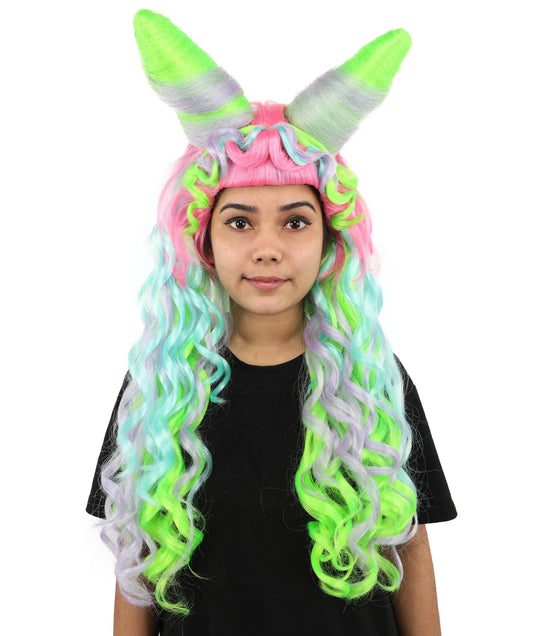 Devil’s Horns Cosplay Drag Queen Styled Extra Long Wig | Multicolor Synthetic Hairpiece | Adjustable Breathable Cap for Halloween, Stage & Parties
