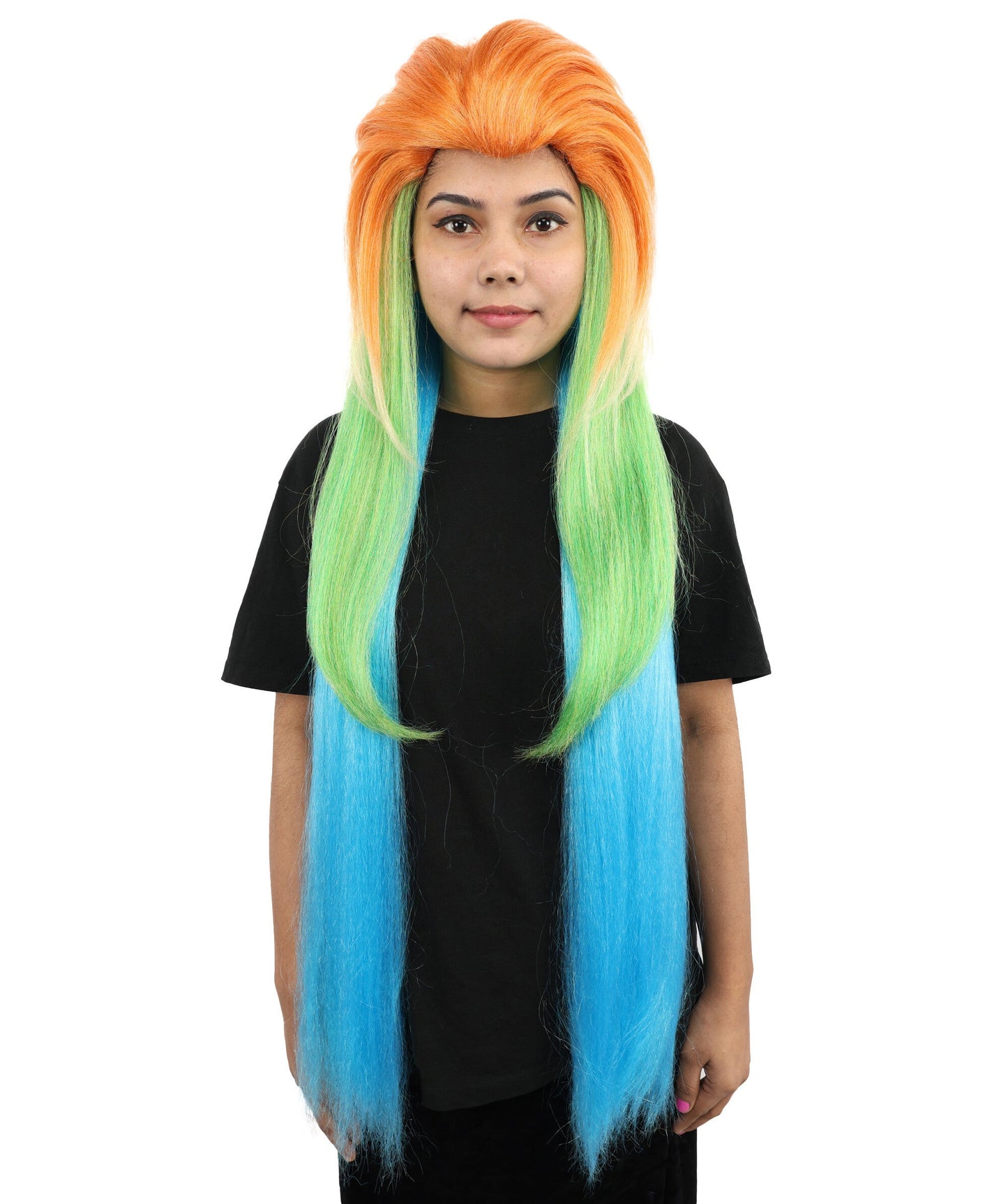 Extra Long Synthetic Gradient Cosplay Wig | Orange Top to Green Mid with Blue Ends | Colorful Heat-Resistant Wig for Halloween, Parties & Roleplay