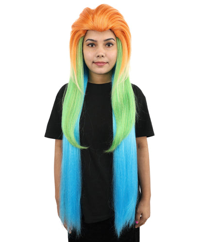 Extra Long Synthetic Gradient Cosplay Wig | Orange Top to Green Mid with Blue Ends | Colorful Heat-Resistant Wig for Halloween, Parties & Roleplay