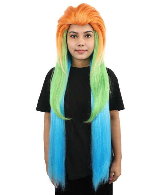 Extra Long Synthetic Gradient Cosplay Wig | Orange Top to Green Mid with Blue Ends | Colorful Heat-Resistant Wig for Halloween, Parties & Roleplay