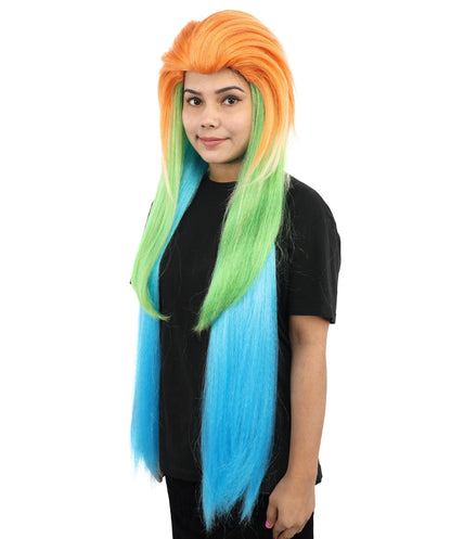 Extra Long Synthetic Gradient Cosplay Wig | Orange Top to Green Mid with Blue Ends | Colorful Heat-Resistant Wig for Halloween, Parties & Roleplay