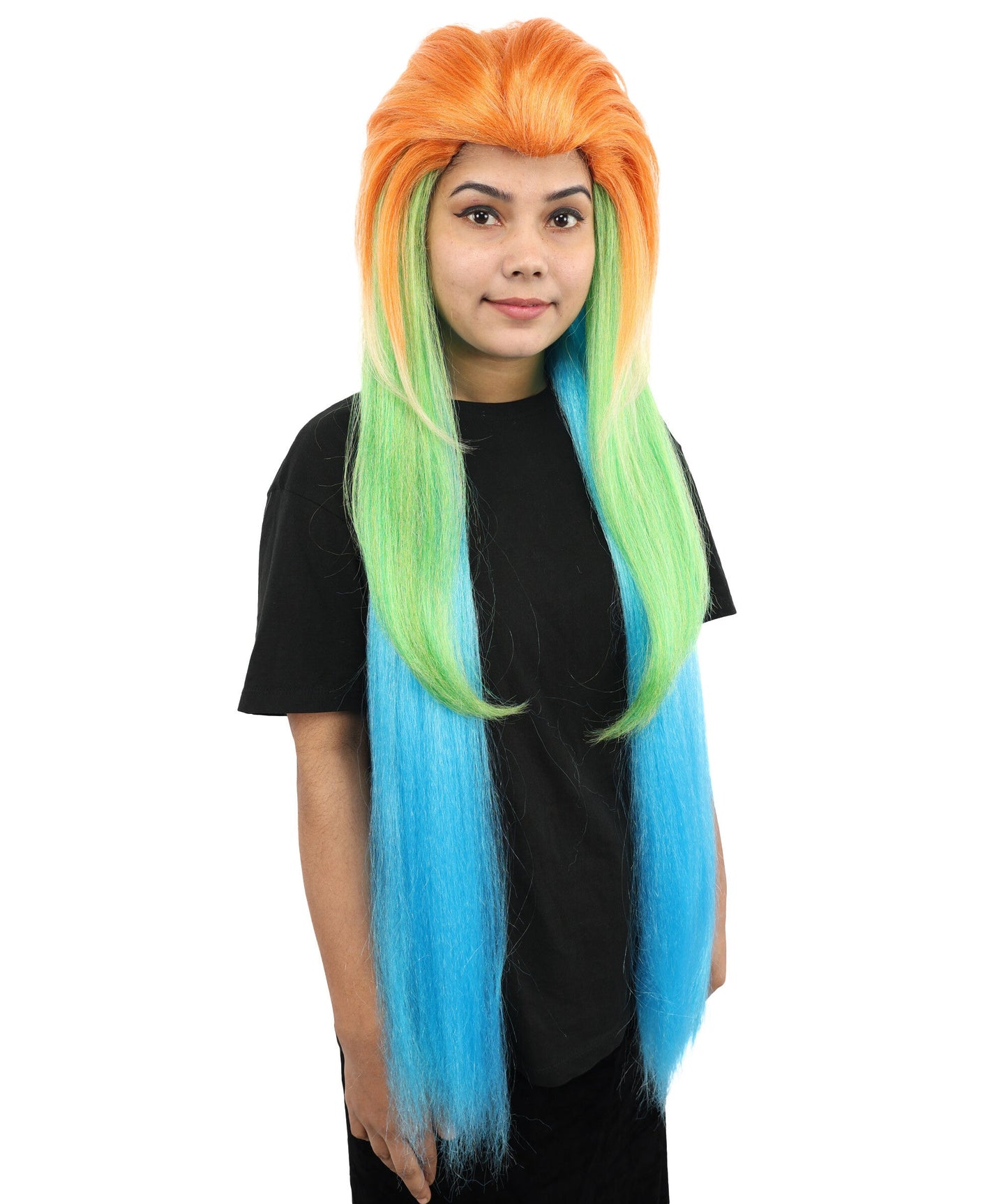 Extra Long Synthetic Gradient Cosplay Wig | Orange Top to Green Mid with Blue Ends | Colorful Heat-Resistant Wig for Halloween, Parties & Roleplay