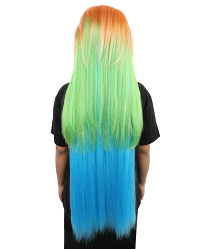 Extra Long Synthetic Gradient Cosplay Wig | Orange Top to Green Mid with Blue Ends | Colorful Heat-Resistant Wig for Halloween, Parties & Roleplay