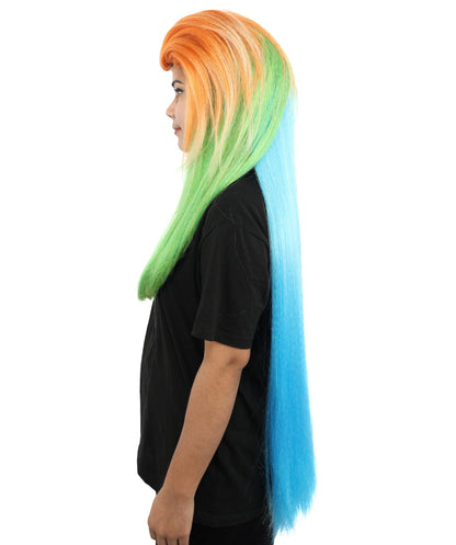Extra Long Synthetic Gradient Cosplay Wig | Orange Top to Green Mid with Blue Ends | Colorful Heat-Resistant Wig for Halloween, Parties & Roleplay