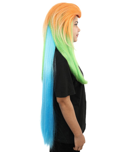 Extra Long Synthetic Gradient Cosplay Wig | Orange Top to Green Mid with Blue Ends | Colorful Heat-Resistant Wig for Halloween, Parties & Roleplay