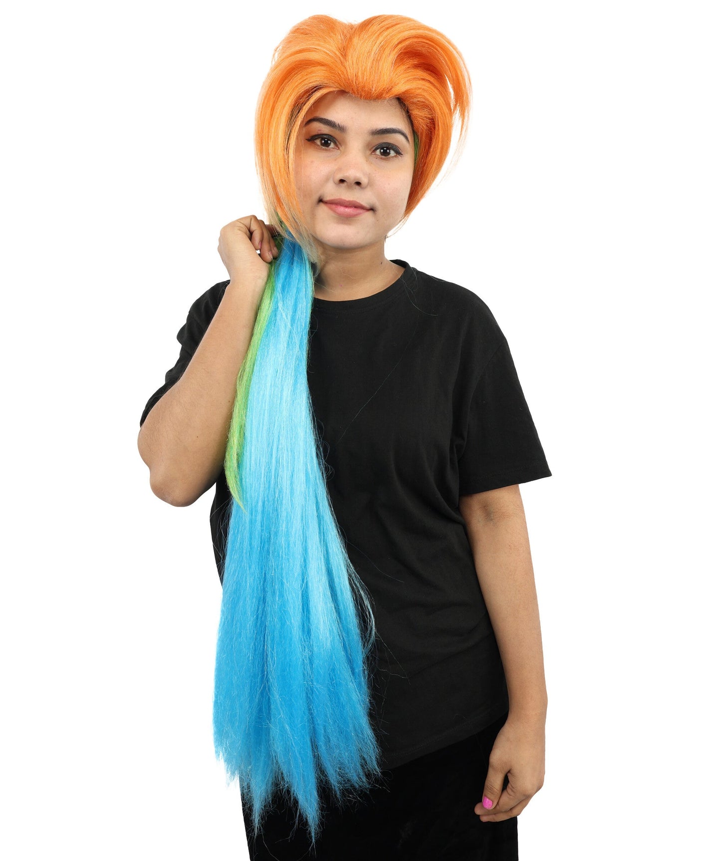 Extra Long Synthetic Gradient Cosplay Wig | Orange Top to Green Mid with Blue Ends | Colorful Heat-Resistant Wig for Halloween, Parties & Roleplay