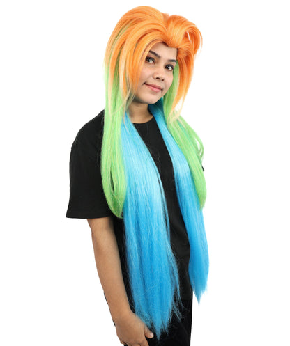 Extra Long Synthetic Gradient Cosplay Wig | Orange Top to Green Mid with Blue Ends | Colorful Heat-Resistant Wig for Halloween, Parties & Roleplay