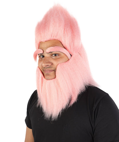 Adult Men’s Pink Monster Wig with Beard and Eyebrows | Hairpiece with Fake Facial Accessories | Ideal for Halloween, Cosplay & Parties