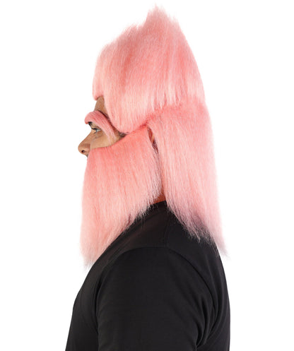Adult Men’s Pink Monster Wig with Beard and Eyebrows | Hairpiece with Fake Facial Accessories | Ideal for Halloween, Cosplay & Parties