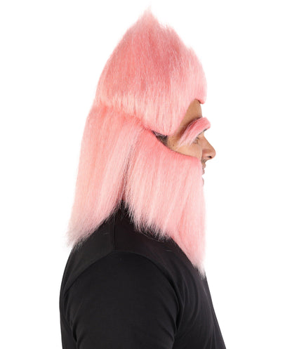 Adult Men’s Pink Monster Wig with Beard and Eyebrows | Hairpiece with Fake Facial Accessories | Ideal for Halloween, Cosplay & Parties