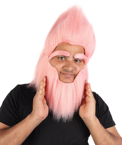 Adult Men’s Pink Monster Wig with Beard and Eyebrows | Hairpiece with Fake Facial Accessories | Ideal for Halloween, Cosplay & Parties