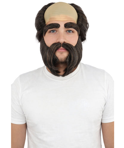 Men’s Bald Cap Brown Wig and Beard Set with Mustache & Eyebrows | Costume Facial Hair Accessories with Bald Cap | Ideal Set for Halloween, Cosplay & Themed Parties