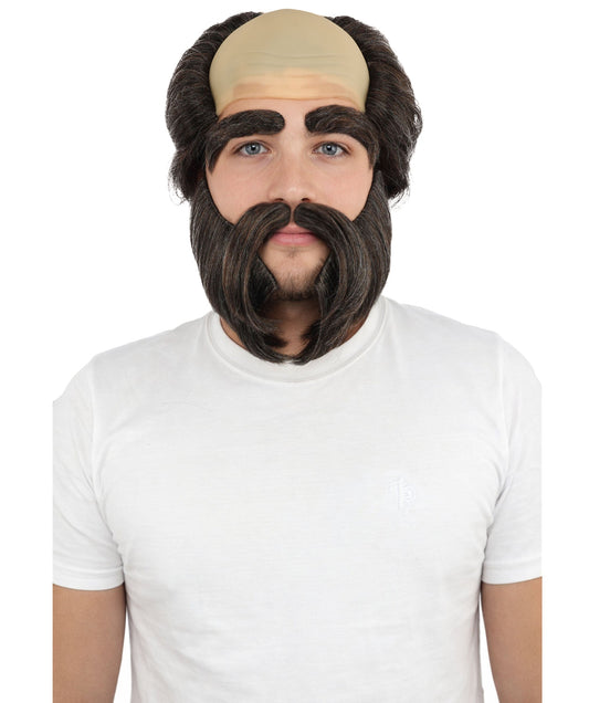 Men’s Bald Cap Brown Wig and Beard Set with Mustache & Eyebrows | Costume Facial Hair Accessories with Bald Cap | Ideal Set for Halloween, Cosplay & Themed Parties
