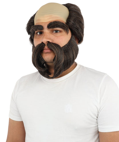 Men’s Bald Cap Brown Wig and Beard Set with Mustache & Eyebrows | Costume Facial Hair Accessories with Bald Cap | Ideal Set for Halloween, Cosplay & Themed Parties