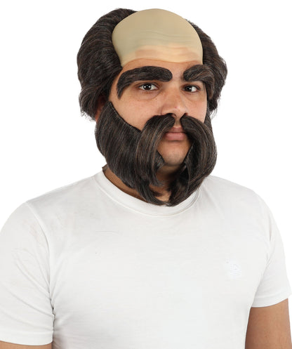 Men’s Bald Cap Brown Wig and Beard Set with Mustache & Eyebrows | Costume Facial Hair Accessories with Bald Cap | Ideal Set for Halloween, Cosplay & Themed Parties