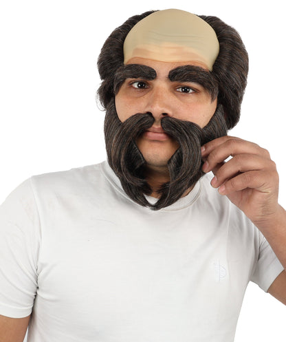 Men’s Bald Cap Brown Wig and Beard Set with Mustache & Eyebrows | Costume Facial Hair Accessories with Bald Cap | Ideal Set for Halloween, Cosplay & Themed Parties