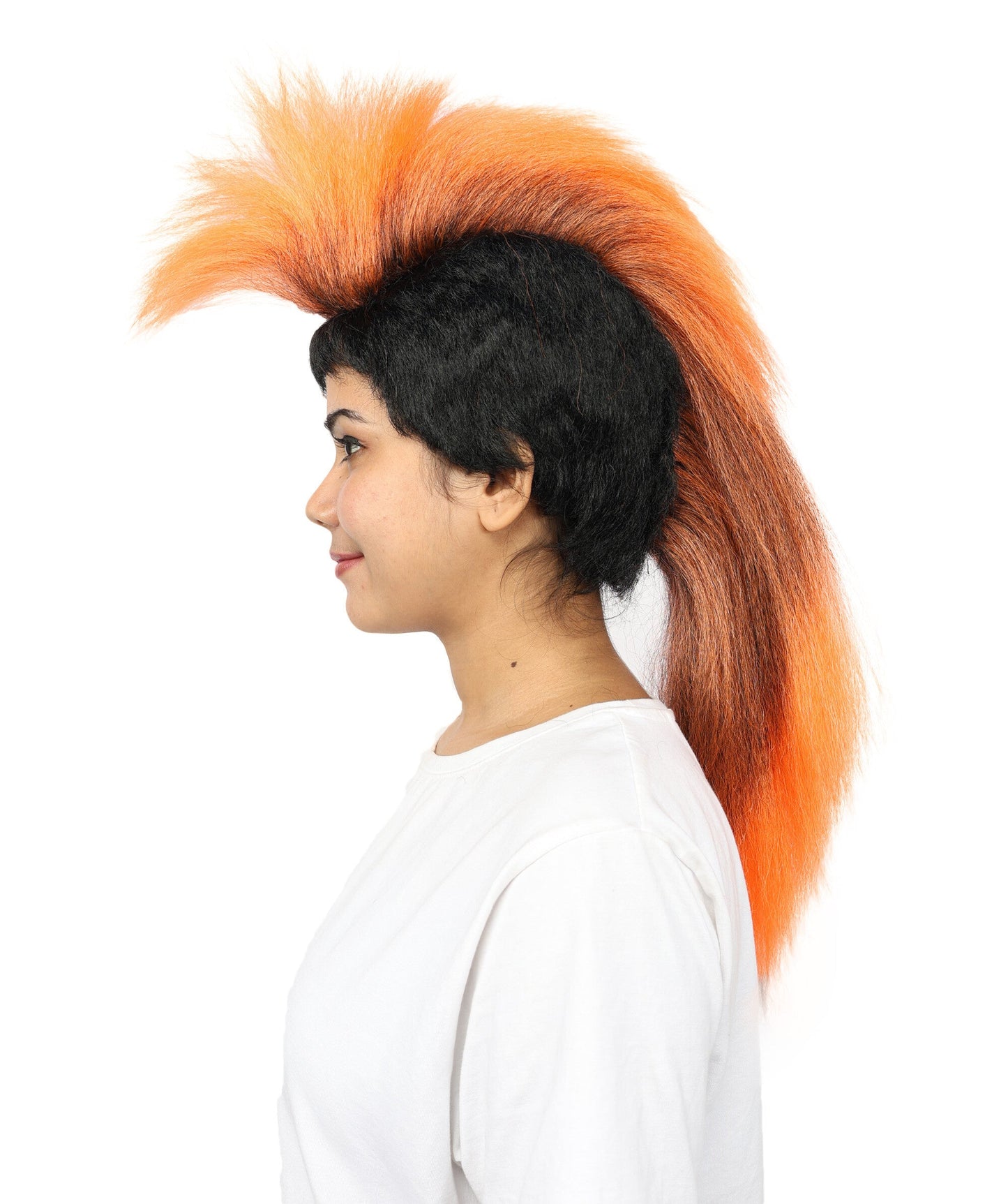 Women’s Extra Long Black & Orange Punk Mohawk Wig | 70s Rocker-Style Costume Hair with breathable Cap | Ideal for Halloween, Cosplay and Theme Parties