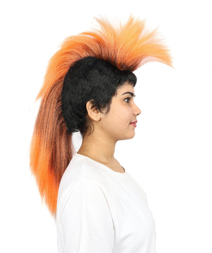 Women’s Extra Long Black & Orange Punk Mohawk Wig | 70s Rocker-Style Costume Hair with breathable Cap | Ideal for Halloween, Cosplay and Theme Parties