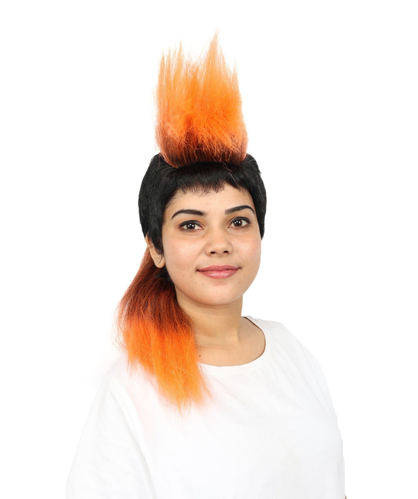 Women’s Extra Long Black & Orange Punk Mohawk Wig | 70s Rocker-Style Costume Hair with breathable Cap | Ideal for Halloween, Cosplay and Theme Parties