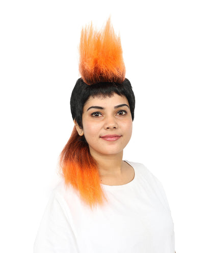 Women’s Extra Long Black & Orange Punk Mohawk Wig | 70s Rocker-Style Costume Hair with breathable Cap | Ideal for Halloween, Cosplay and Theme Parties