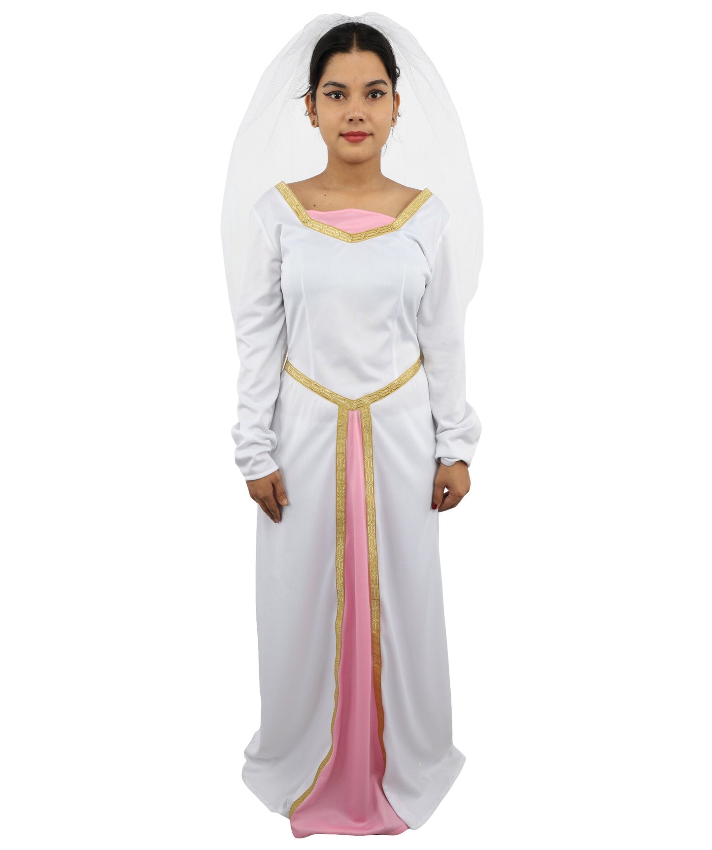 Adult Women's Fairytale Princess Wedding Dress | Medieval Renaissance White Bridal Gown Gold Trim Pink Panel | Halloween Storybook Cosplay Stage Performance Wardrobe Piece