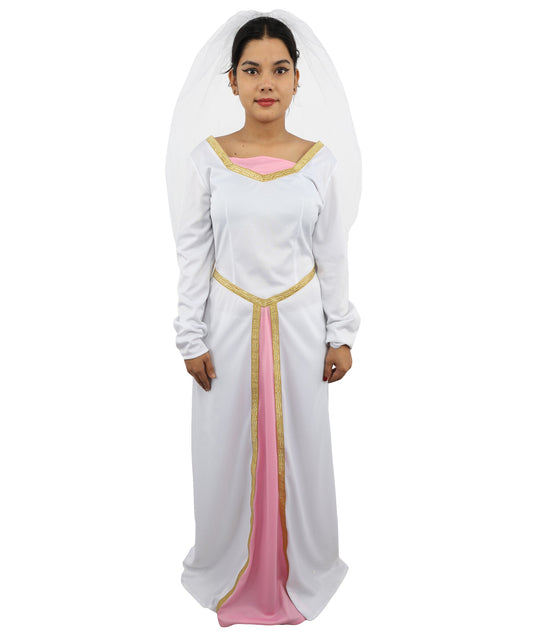Adult Women's Fairytale Princess Wedding Dress | Medieval Renaissance White Bridal Gown Gold Trim Pink Panel | Halloween Storybook Cosplay Stage Performance Wardrobe Piece