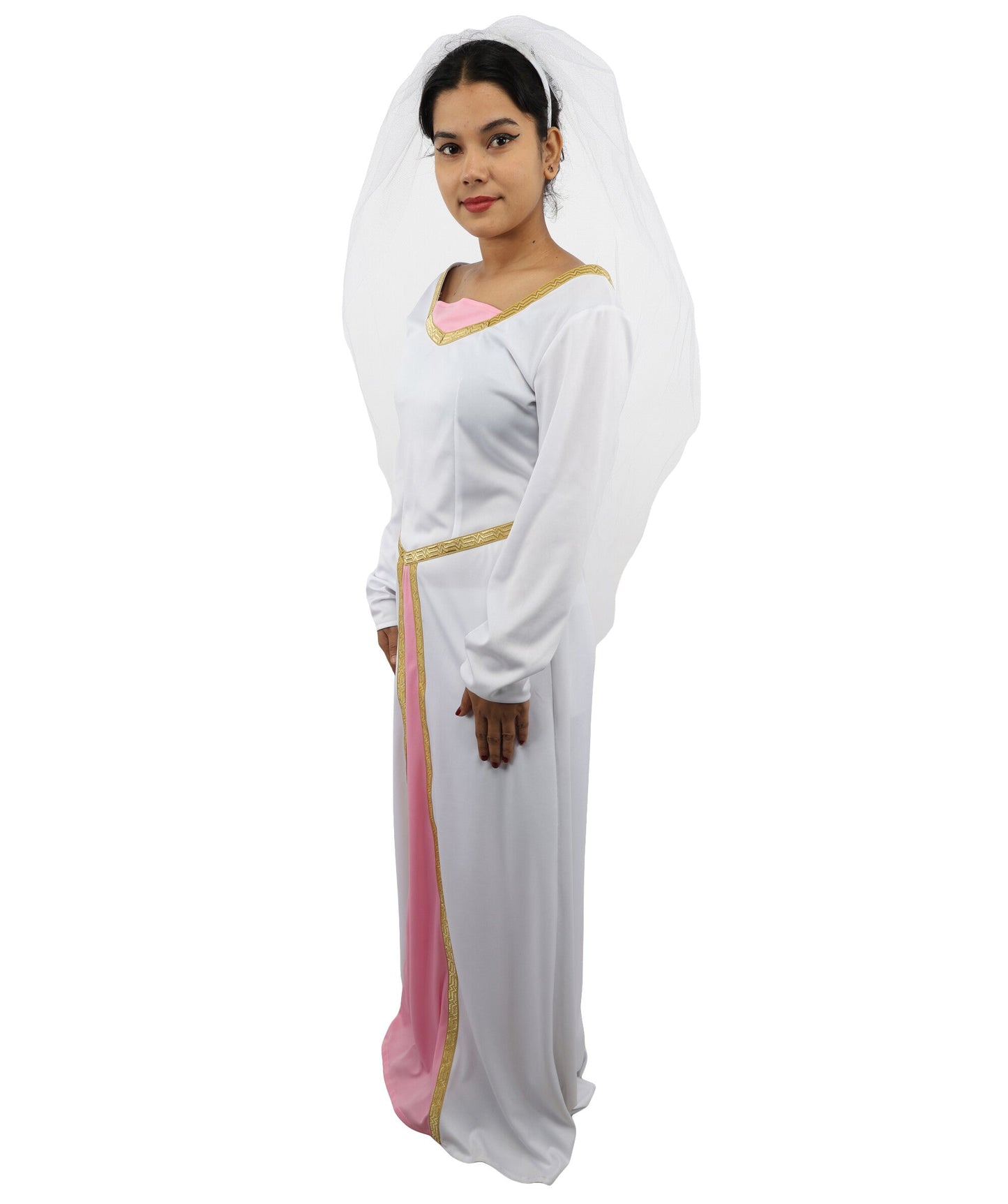 Adult Women's Fairytale Princess Wedding Dress | Medieval Renaissance White Bridal Gown Gold Trim Pink Panel | Halloween Storybook Cosplay Stage Performance Wardrobe Piece