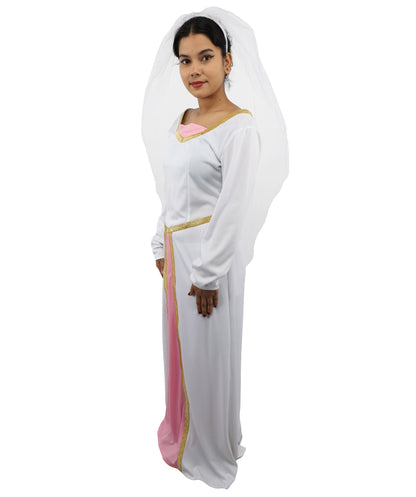 Adult Women's Fairytale Princess Wedding Dress | Medieval Renaissance White Bridal Gown Gold Trim Pink Panel | Halloween Storybook Cosplay Stage Performance Wardrobe Piece