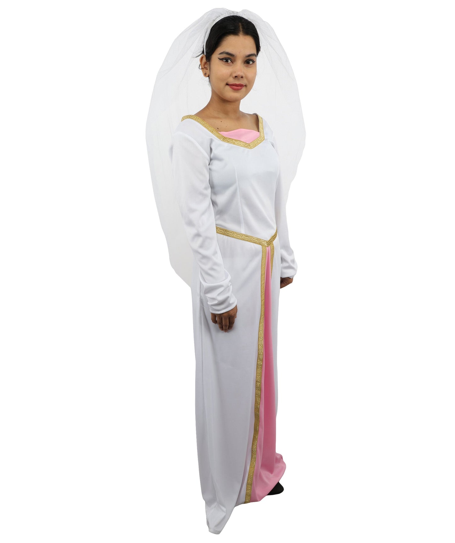 Adult Women's Fairytale Princess Wedding Dress | Medieval Renaissance White Bridal Gown Gold Trim Pink Panel | Halloween Storybook Cosplay Stage Performance Wardrobe Piece