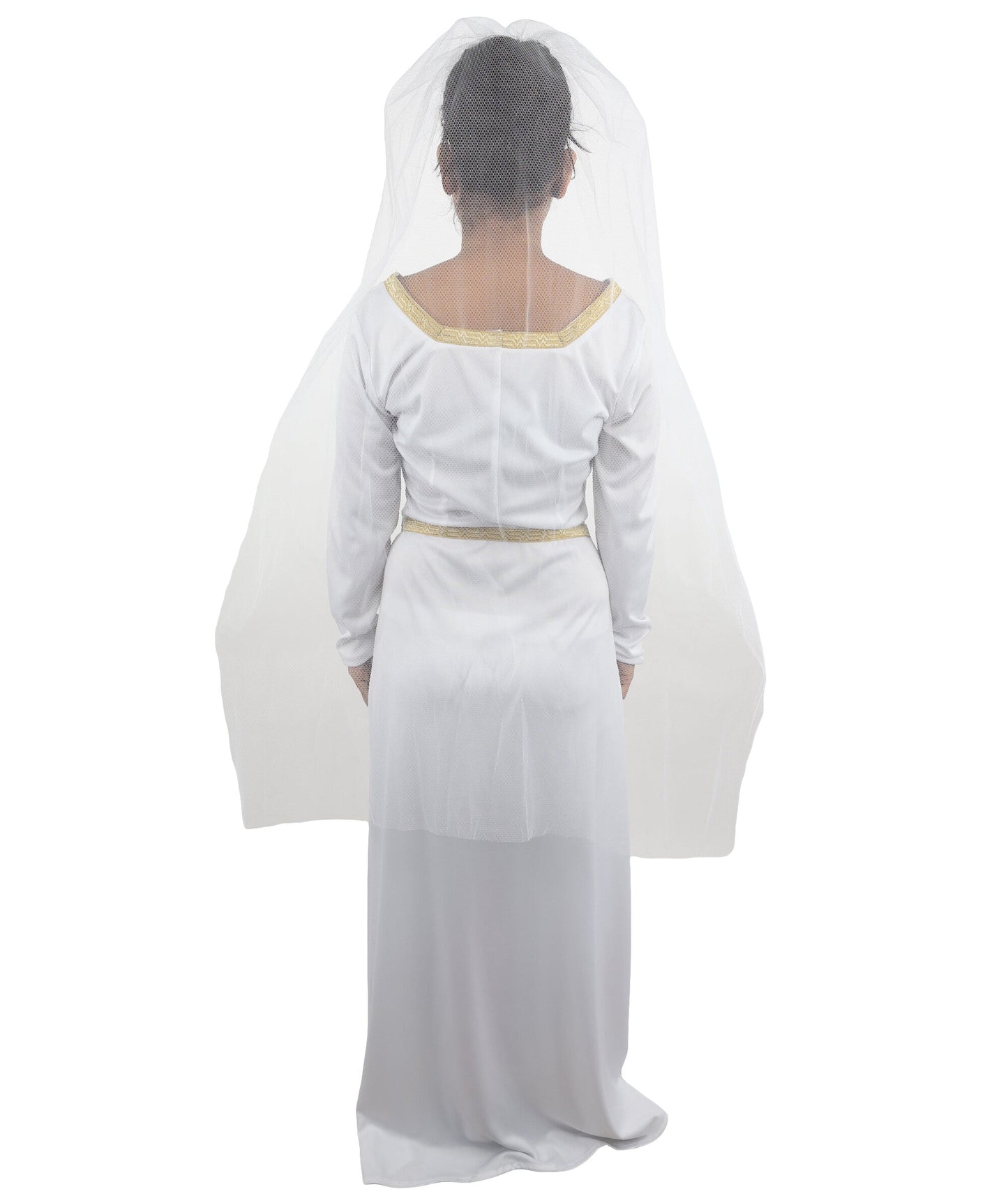 Adult Women's Fairytale Princess Wedding Dress | Medieval Renaissance White Bridal Gown Gold Trim Pink Panel | Halloween Storybook Cosplay Stage Performance Wardrobe Piece