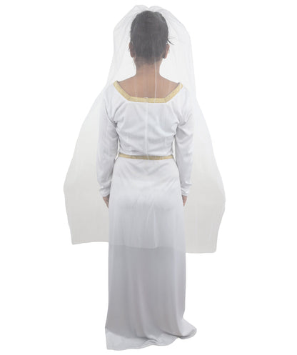 Adult Women's Fairytale Princess Wedding Dress | Medieval Renaissance White Bridal Gown Gold Trim Pink Panel | Halloween Storybook Cosplay Stage Performance Wardrobe Piece