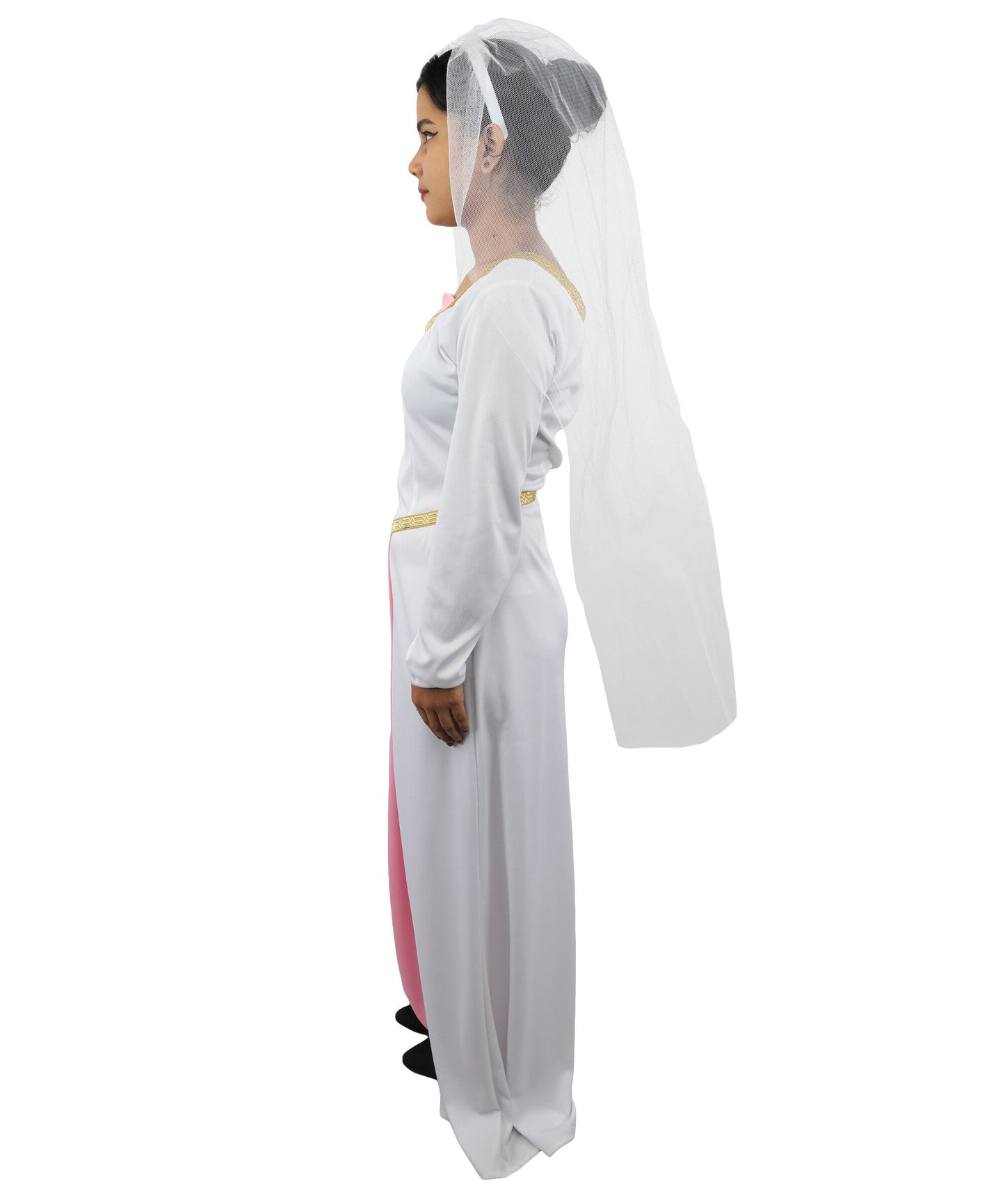Adult Women's Fairytale Princess Wedding Dress | Medieval Renaissance White Bridal Gown Gold Trim Pink Panel | Halloween Storybook Cosplay Stage Performance Wardrobe Piece