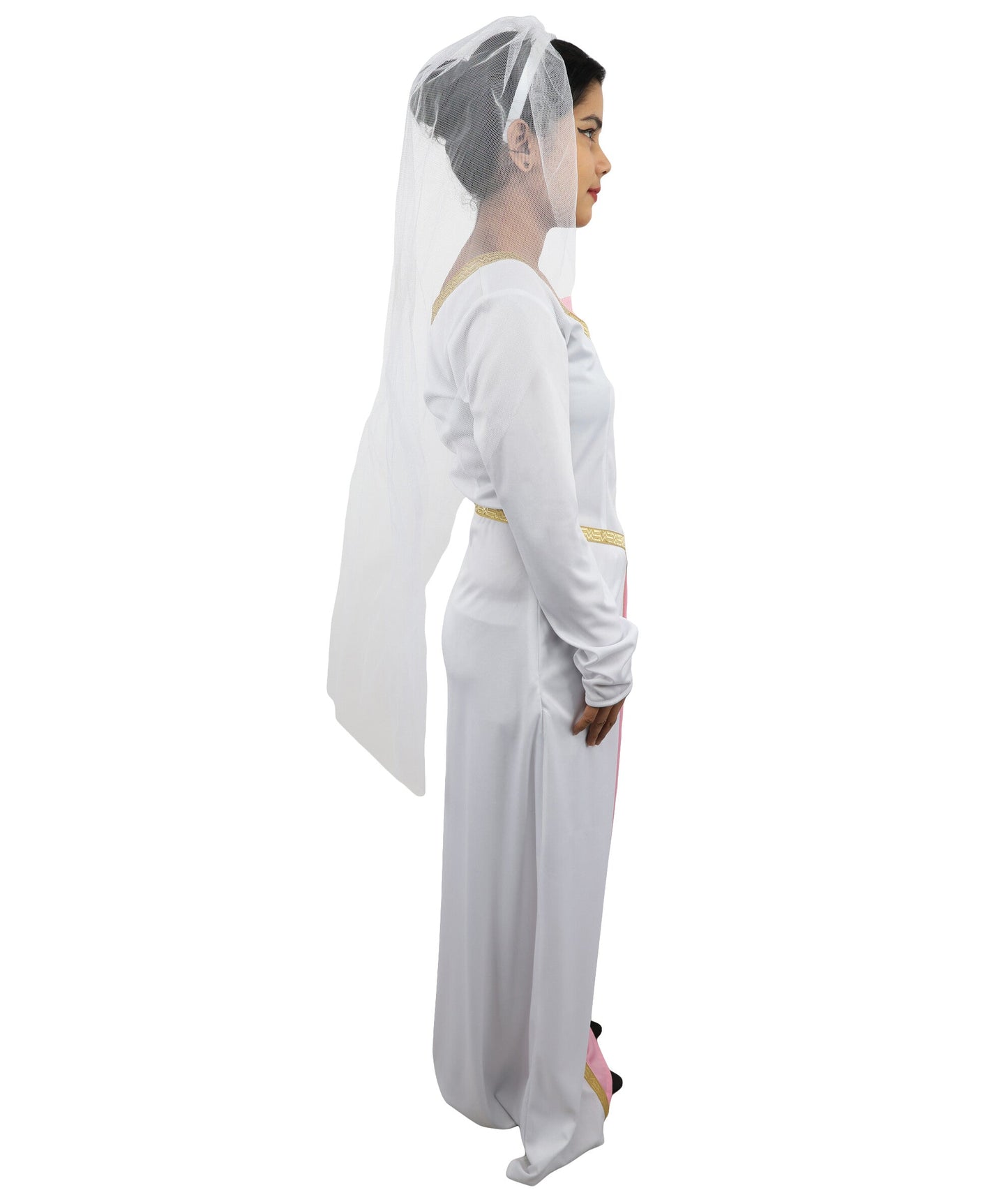 Adult Women's Fairytale Princess Wedding Dress | Medieval Renaissance White Bridal Gown Gold Trim Pink Panel | Halloween Storybook Cosplay Stage Performance Wardrobe Piece