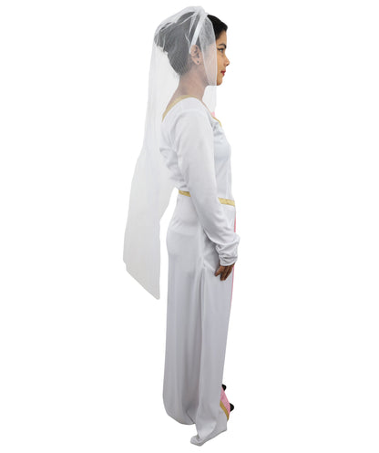 Adult Women's Fairytale Princess Wedding Dress | Medieval Renaissance White Bridal Gown Gold Trim Pink Panel | Halloween Storybook Cosplay Stage Performance Wardrobe Piece