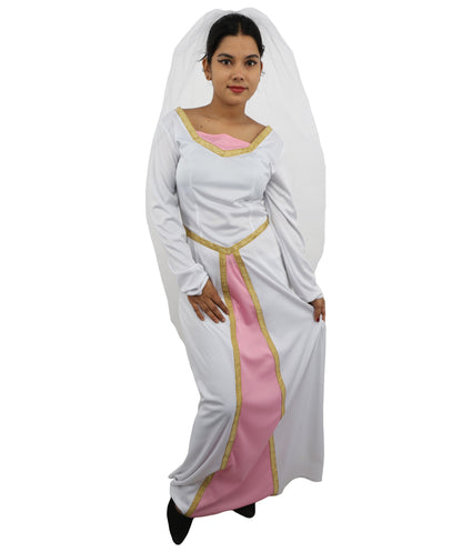 Adult Women's Fairytale Princess Wedding Dress | Medieval Renaissance White Bridal Gown Gold Trim Pink Panel | Halloween Storybook Cosplay Stage Performance Wardrobe Piece