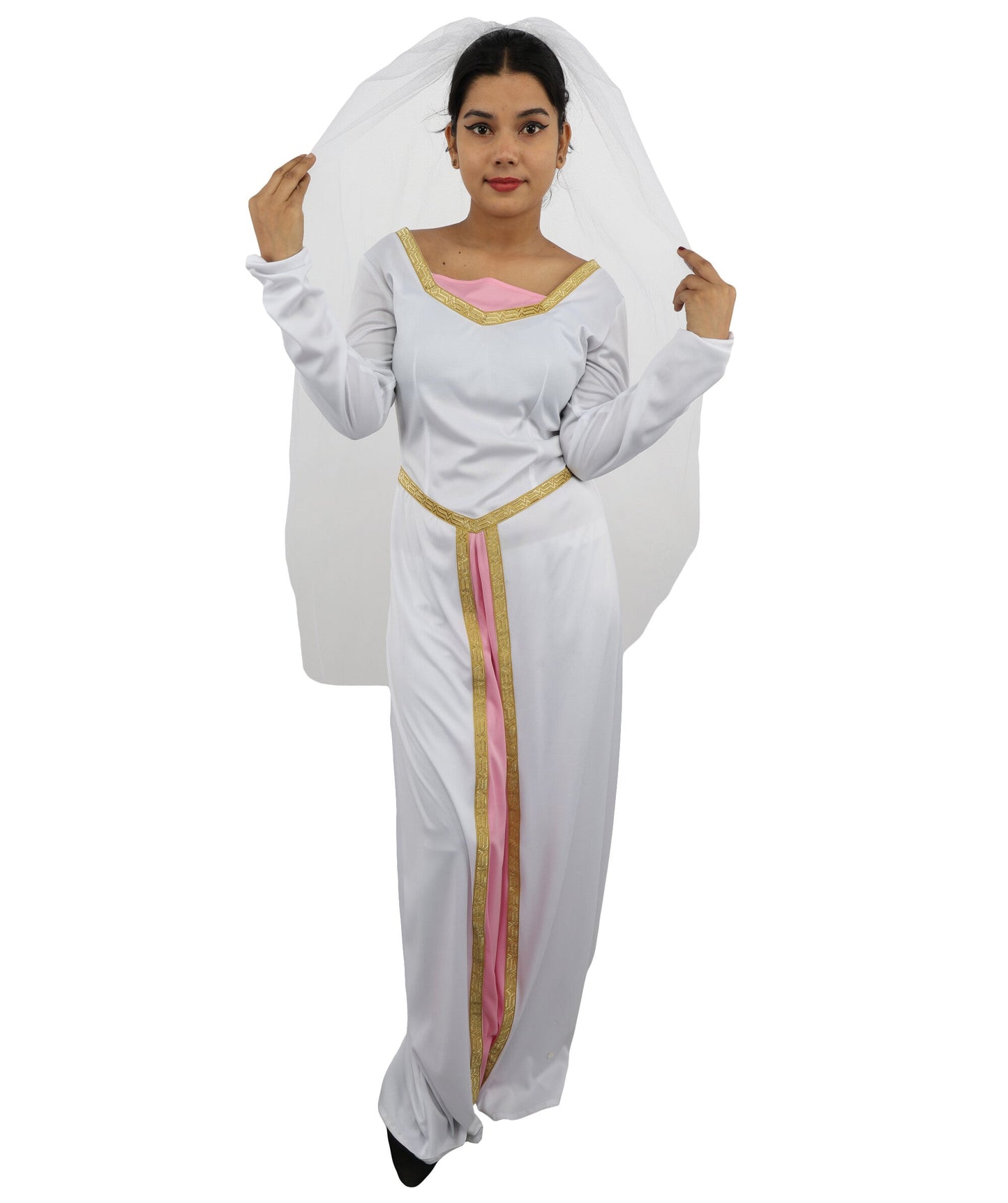 Adult Women's Fairytale Princess Wedding Dress | Medieval Renaissance White Bridal Gown Gold Trim Pink Panel | Halloween Storybook Cosplay Stage Performance Wardrobe Piece