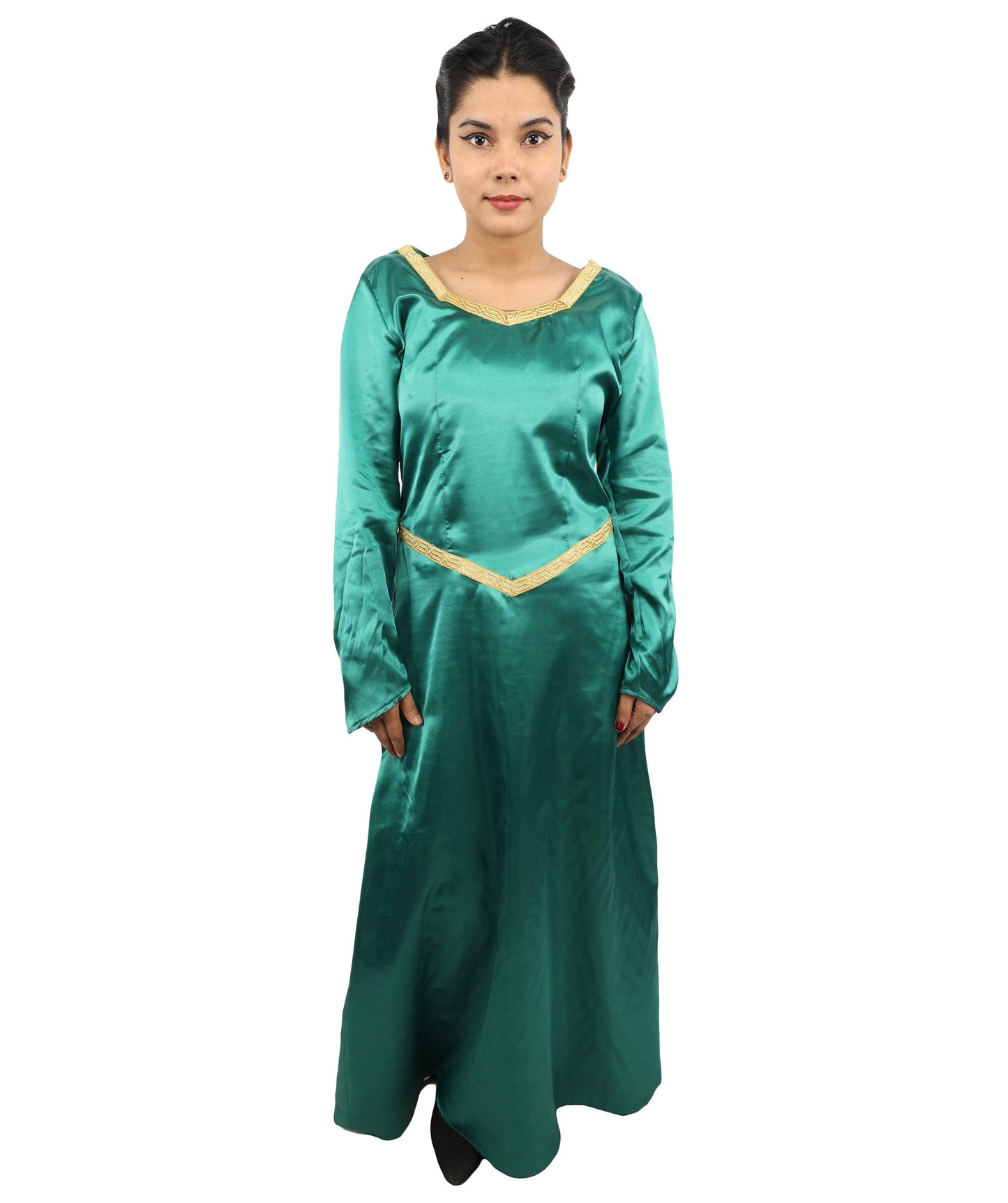 Adult Women's Royal Ogress Princess Dress | Medieval Fairytale Green Velvet Renaissance Gown Gold Trim Embroidery | Halloween Storybook Cosplay Stage Performance Wardrobe Piece