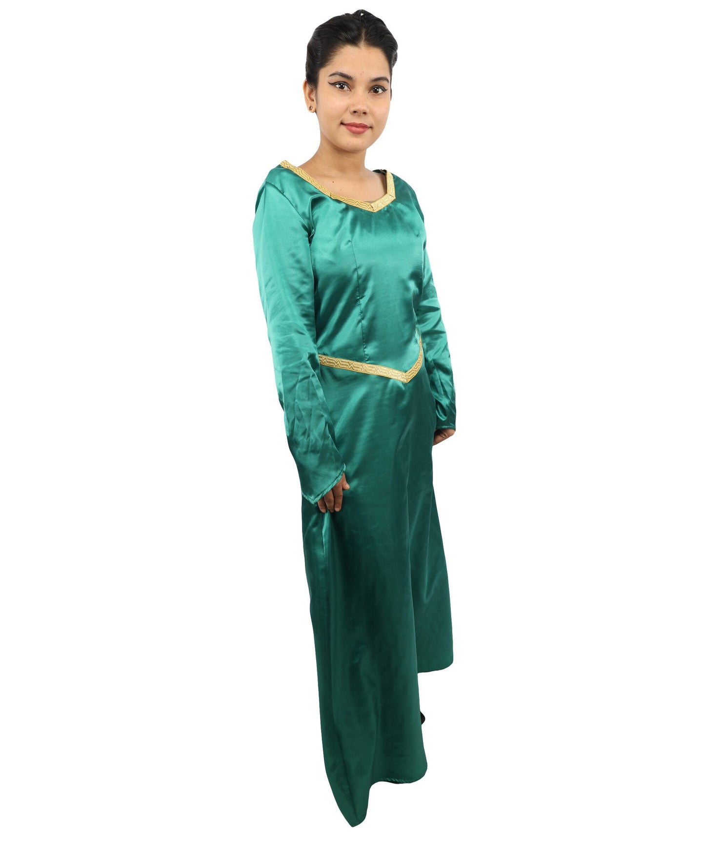 Adult Women's Royal Ogress Princess Dress | Medieval Fairytale Green Velvet Renaissance Gown Gold Trim Embroidery | Halloween Storybook Cosplay Stage Performance Wardrobe Piece