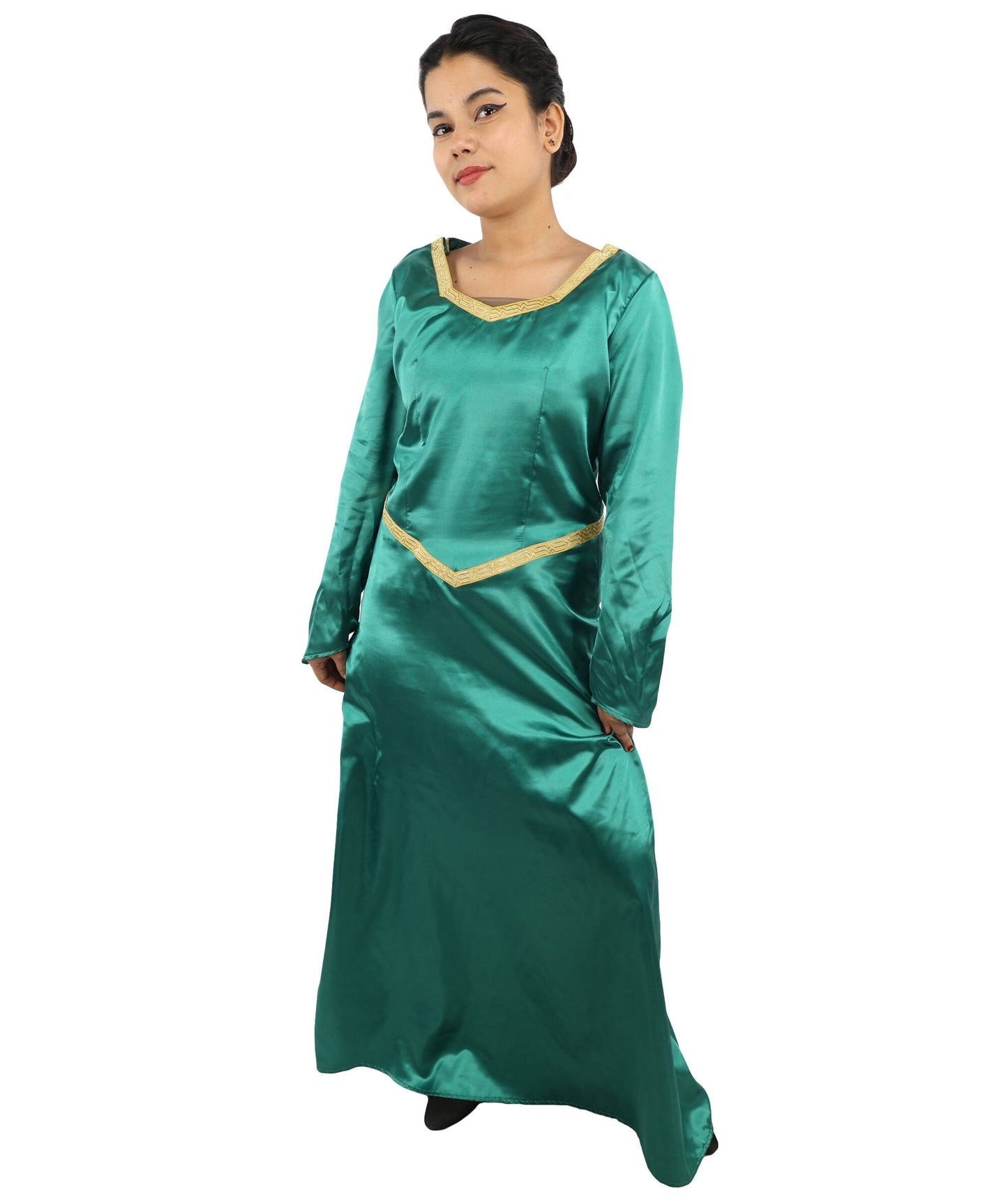 Adult Women's Royal Ogress Princess Dress | Medieval Fairytale Green Velvet Renaissance Gown Gold Trim Embroidery | Halloween Storybook Cosplay Stage Performance Wardrobe Piece