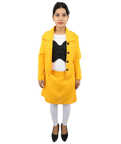 Adult Women's Retro Yellow & Black Skirt Suit Costume | 60s Style Pop Star Cropped Blazer and Mini Skirt Set | Music Video Halloween Cosplay Stage Performance Wardrobe Piece