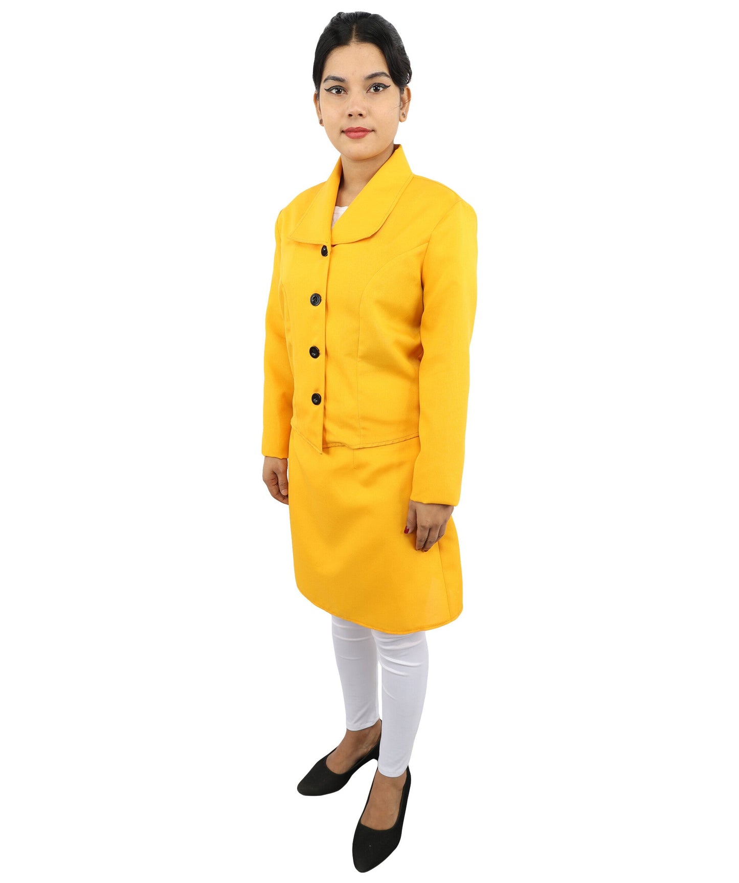 Adult Women's Retro Yellow & Black Skirt Suit Costume | 60s Style Pop Star Cropped Blazer and Mini Skirt Set | Music Video Halloween Cosplay Stage Performance Wardrobe Piece