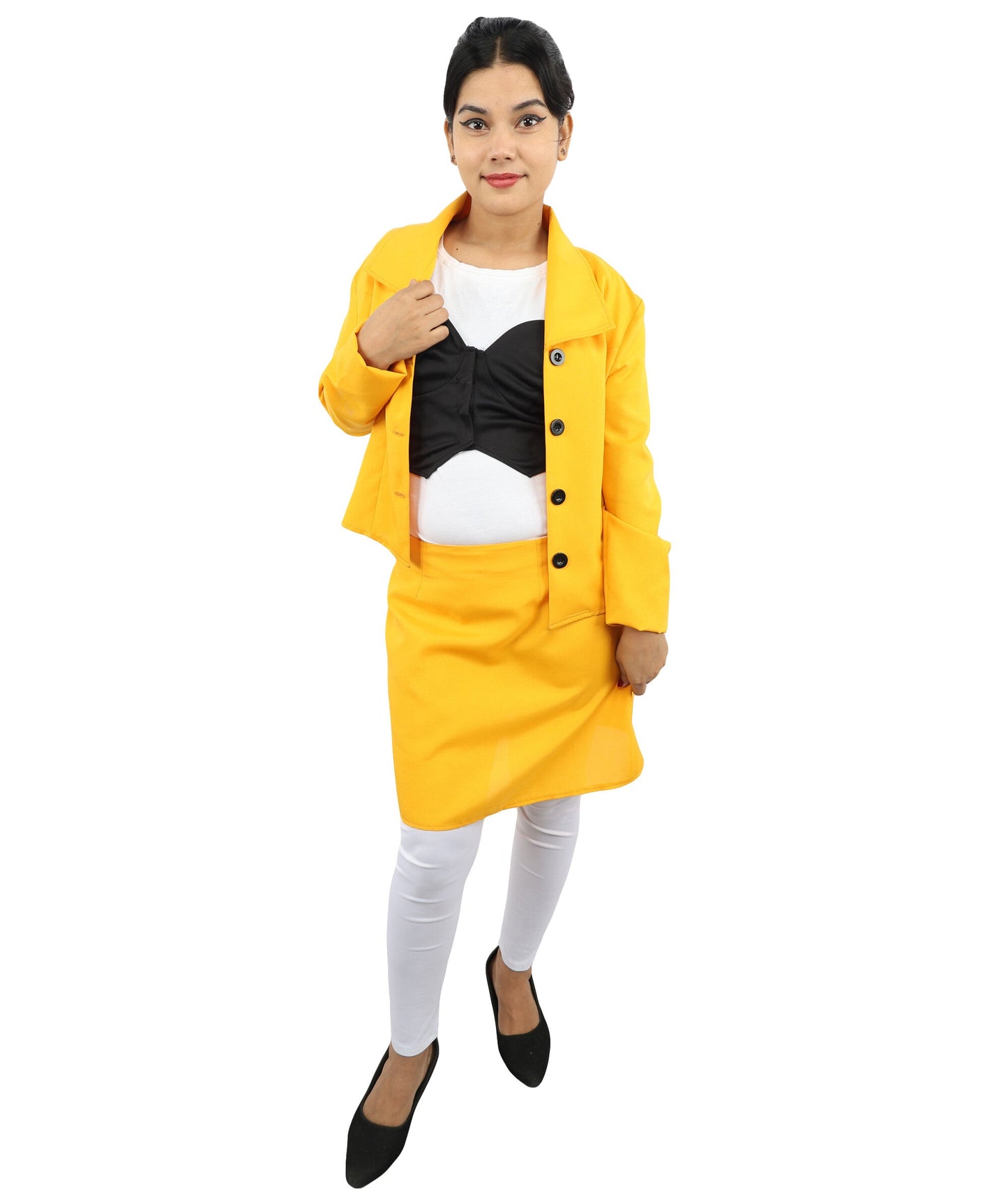 Adult Women's Retro Yellow & Black Skirt Suit Costume | 60s Style Pop Star Cropped Blazer and Mini Skirt Set | Music Video Halloween Cosplay Stage Performance Wardrobe Piece