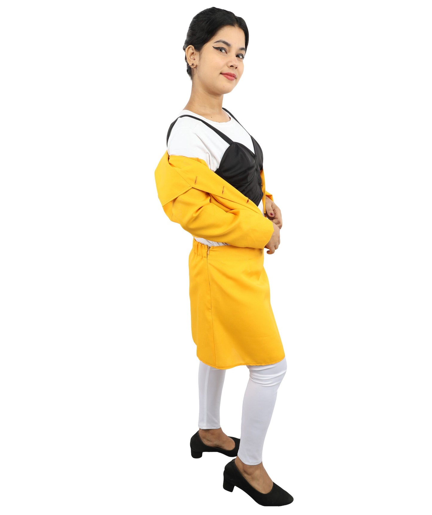 Adult Women's Retro Yellow & Black Skirt Suit Costume | 60s Style Pop Star Cropped Blazer and Mini Skirt Set | Music Video Halloween Cosplay Stage Performance Wardrobe Piece