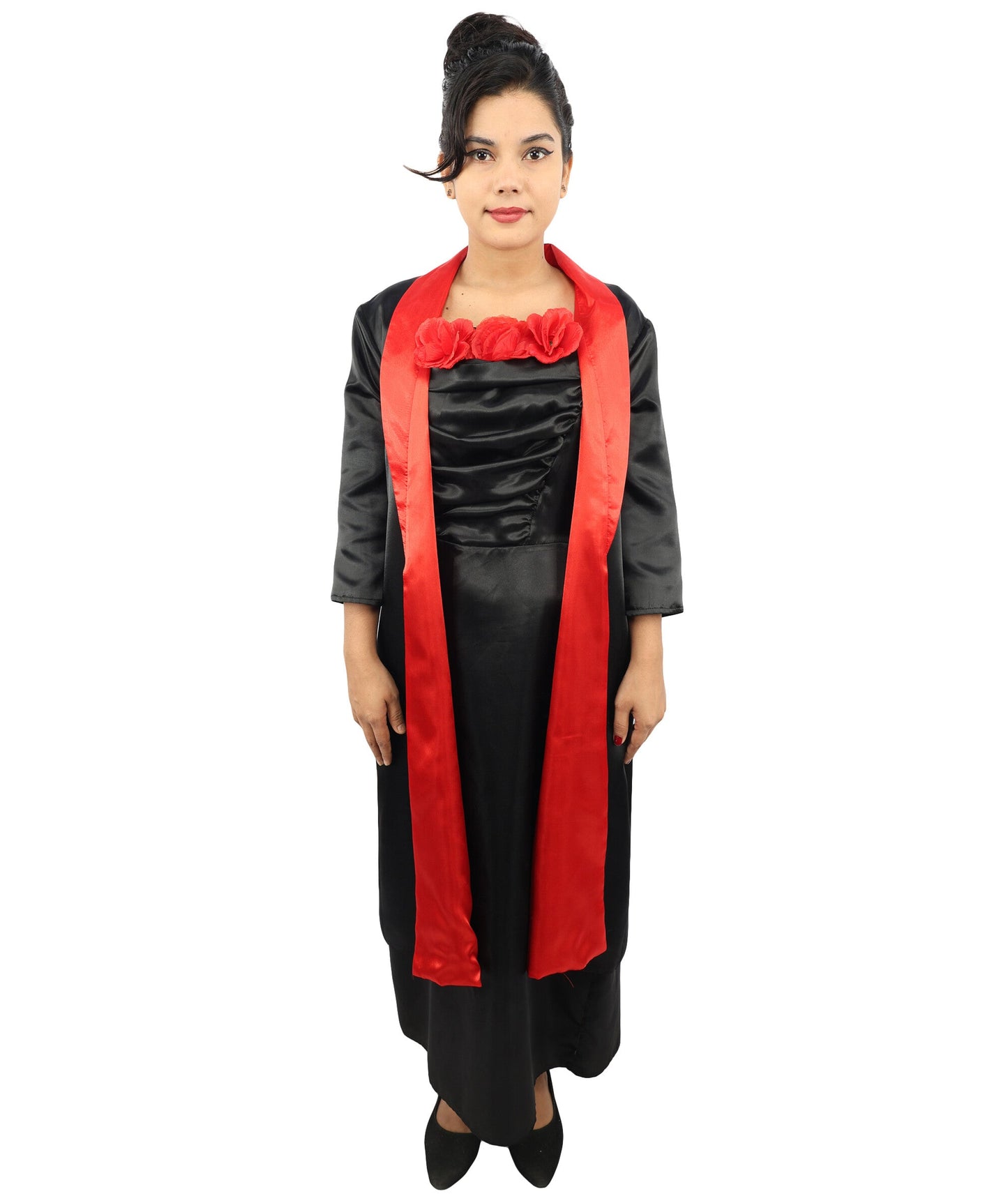 Adult Women's Elegant Red Rose Opera Dress | Classic Hollywood Pop Star Black Spaghetti Strap Gown Red Lining Shawl Set | Halloween Gala Cosplay Theater Performance Wardrobe Piece