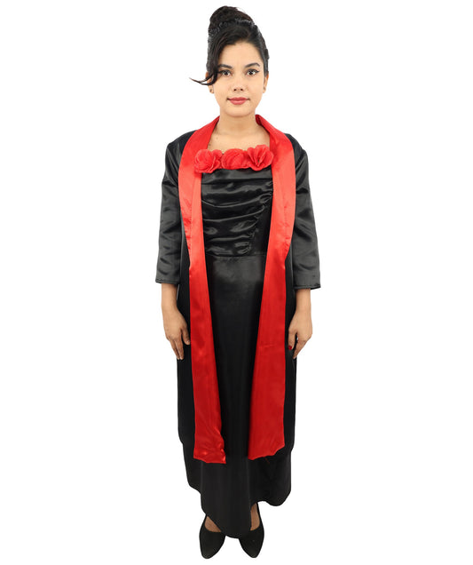 Adult Women's Elegant Red Rose Opera Dress | Classic Hollywood Pop Star Black Spaghetti Strap Gown Red Lining Shawl Set | Halloween Gala Cosplay Theater Performance Wardrobe Piece