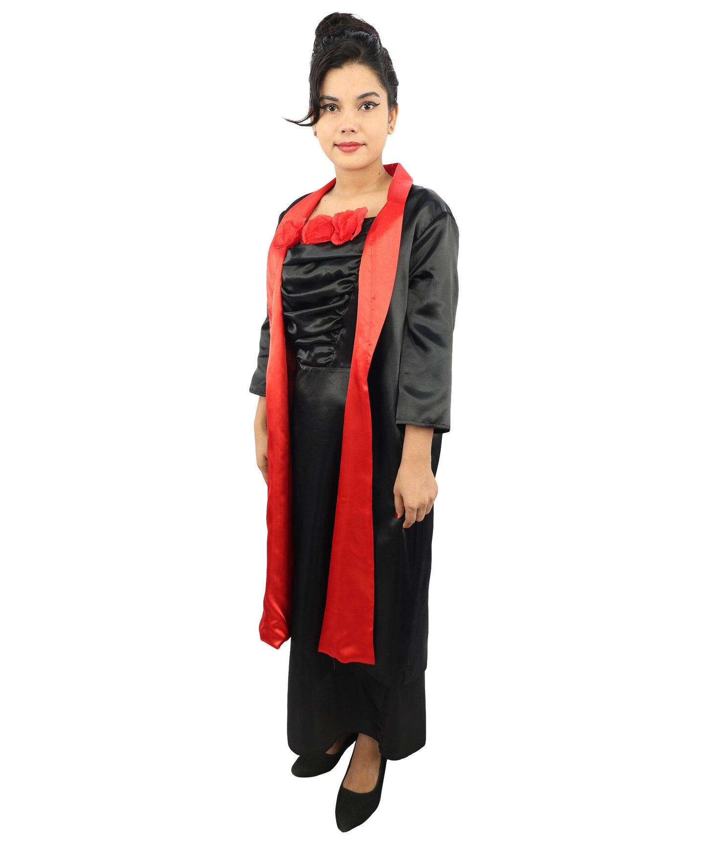 Adult Women's Elegant Red Rose Opera Dress | Classic Hollywood Pop Star Black Spaghetti Strap Gown Red Lining Shawl Set | Halloween Gala Cosplay Theater Performance Wardrobe Piece