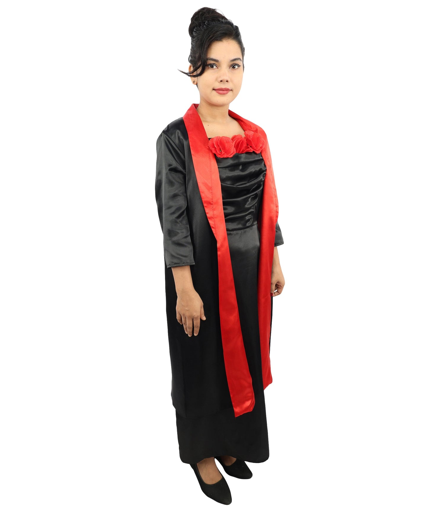 Adult Women's Elegant Red Rose Opera Dress | Classic Hollywood Pop Star Black Spaghetti Strap Gown Red Lining Shawl Set | Halloween Gala Cosplay Theater Performance Wardrobe Piece