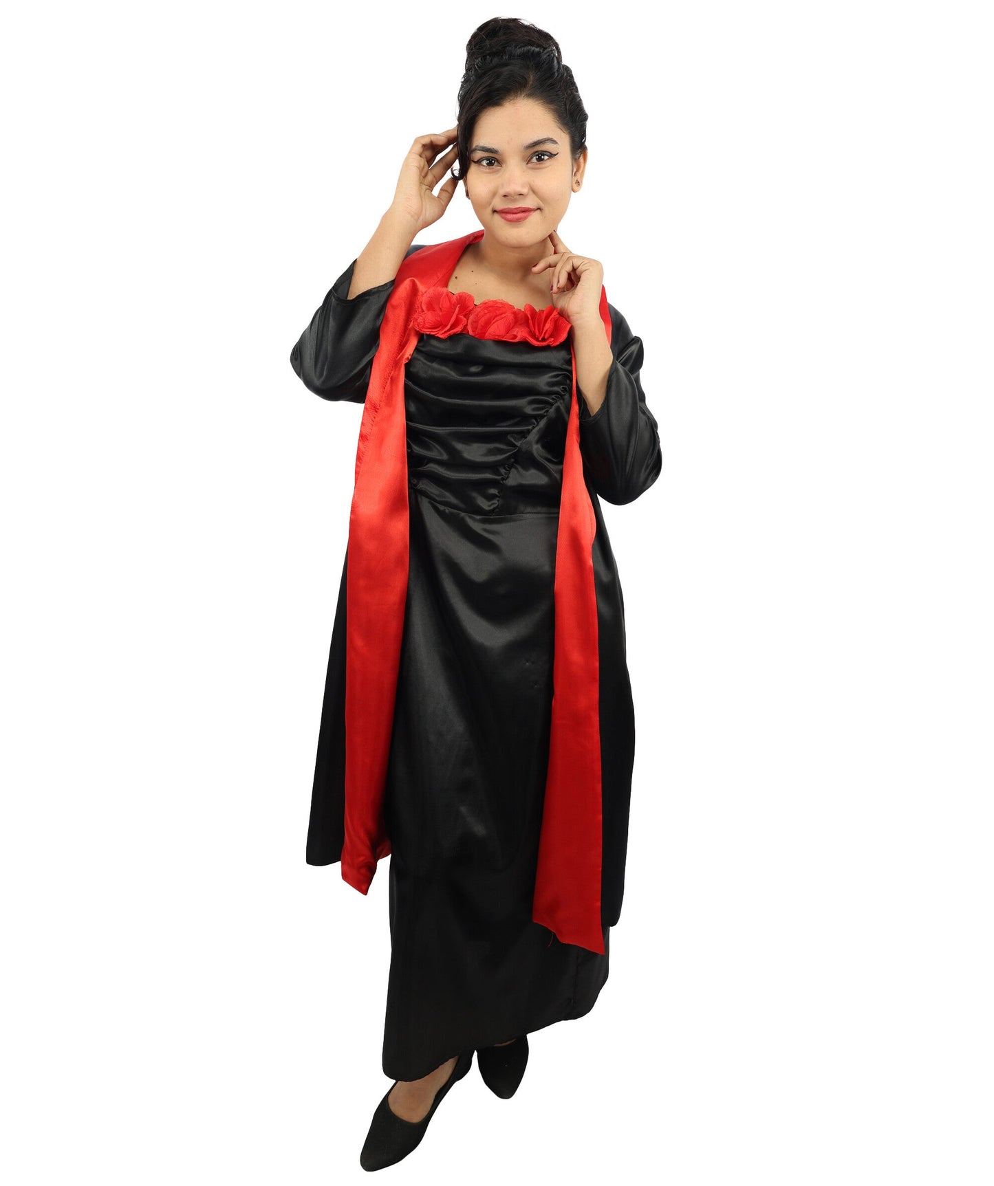 Adult Women's Elegant Red Rose Opera Dress | Classic Hollywood Pop Star Black Spaghetti Strap Gown Red Lining Shawl Set | Halloween Gala Cosplay Theater Performance Wardrobe Piece