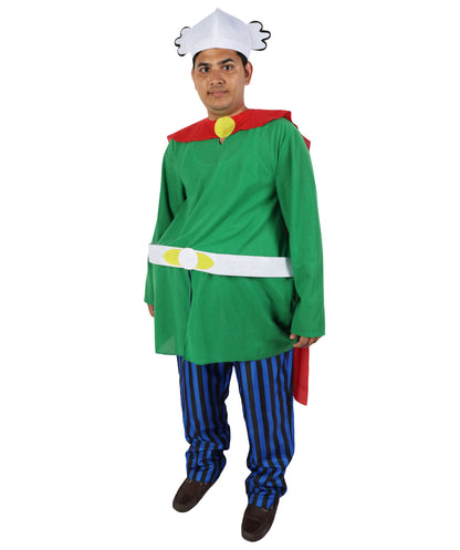 Adult Men's Gaulish Warrior Sidekick Costume | Ancient Hero Green Tunic Blue Striped Pants Red Cape | Comic Book Halloween Stage Performance Wardrobe Piece