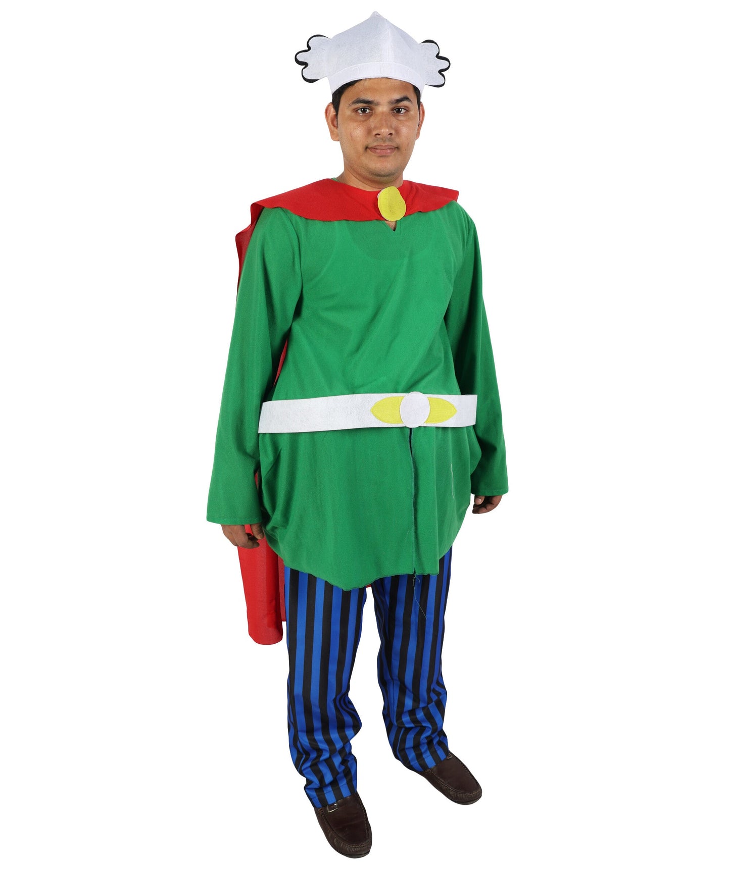 Adult Men's Gaulish Warrior Sidekick Costume | Ancient Hero Green Tunic Blue Striped Pants Red Cape | Comic Book Halloween Stage Performance Wardrobe Piece